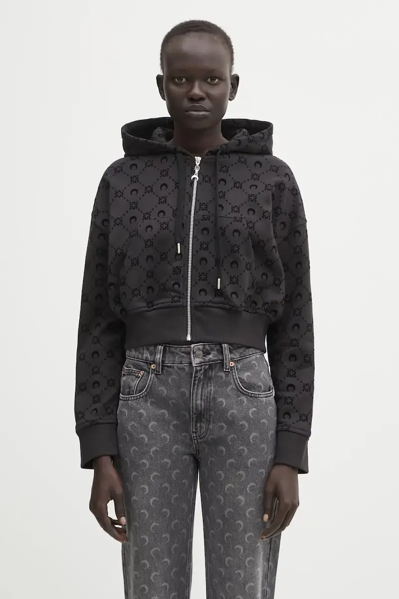 felpa in cotone Moonogram Flocked Fleece Cropped Zipped donna colore nero con cappuccio WST019ACJER0089