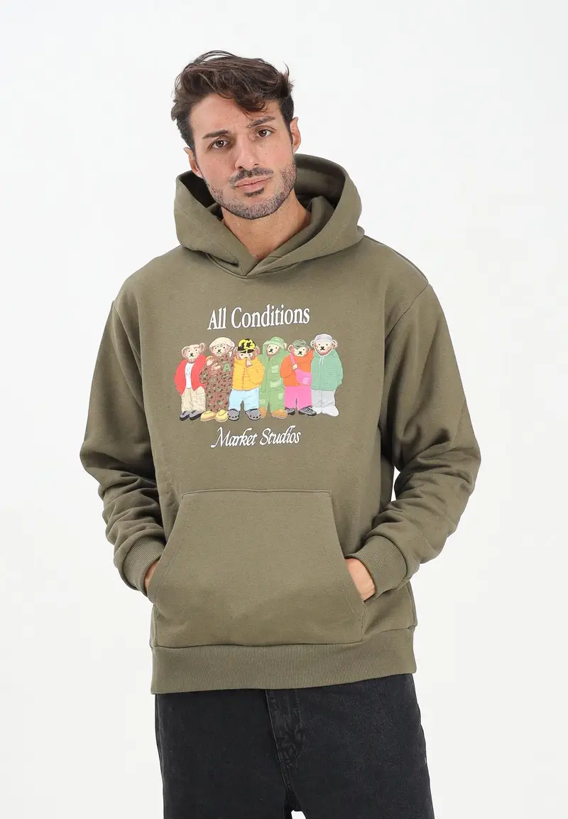 Felpa con cappuccio verde militare da uomo caratterizzata da stampa di orsetti miniatura 2