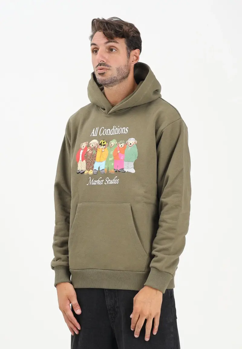 Felpa con cappuccio verde militare da uomo caratterizzata da stampa di orsetti