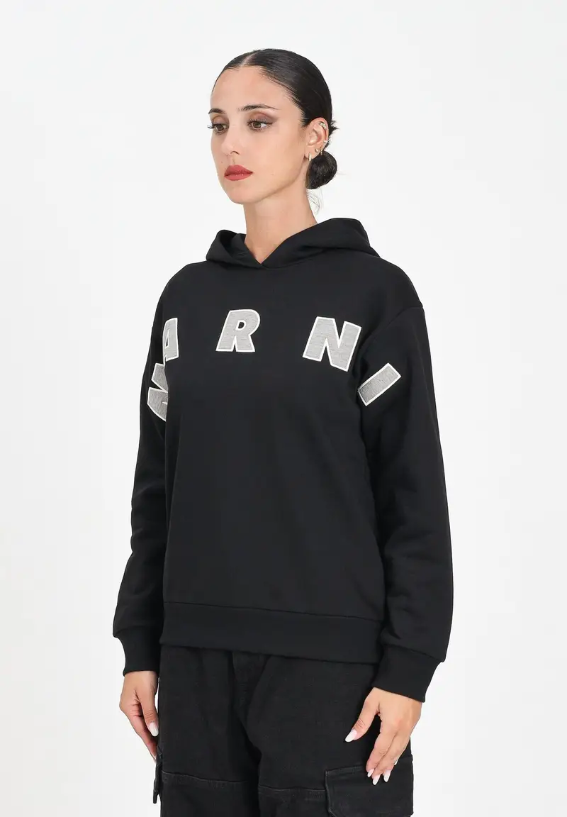 MARNI Felpa con cappuccio nera per donna, ragazzi e bambini rifinita da logo Patch Marni ricamato
