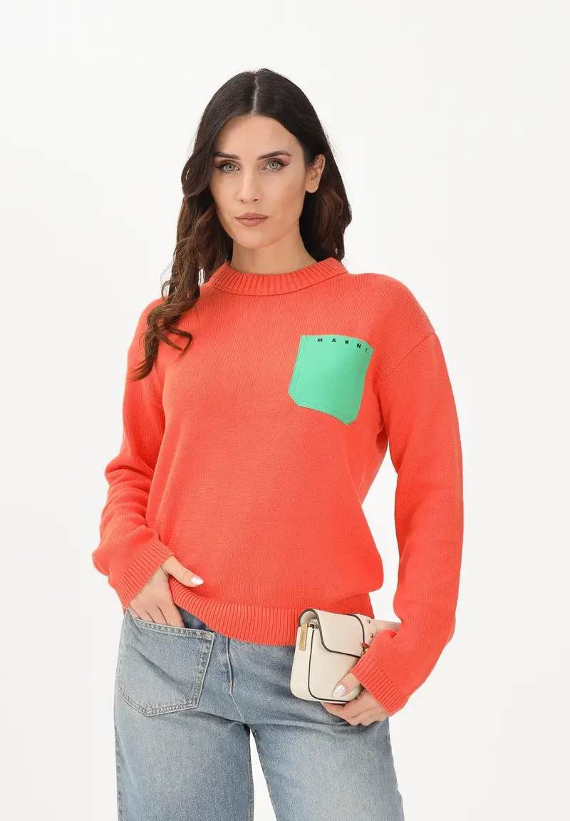 Maglioncino girocollo arancione per donna, bambino e bambina con tasca applicata miniatura 2