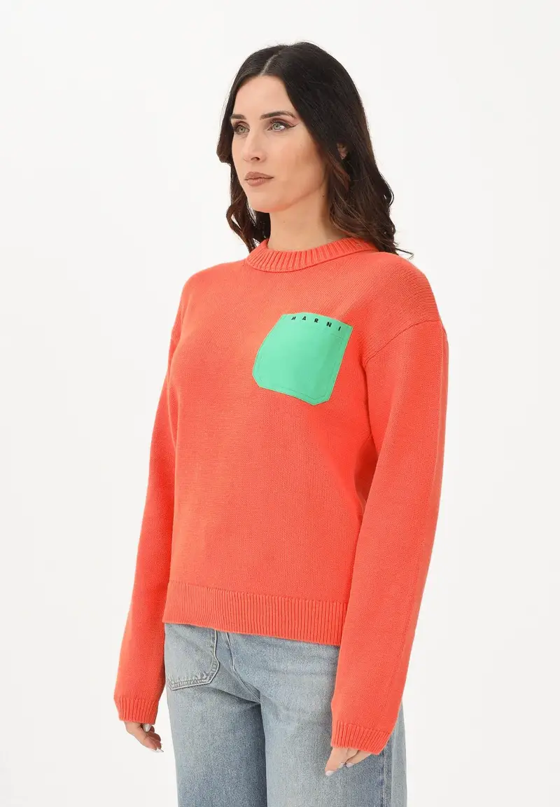 Maglioncino girocollo arancione per donna, bambino e bambina con tasca applicata