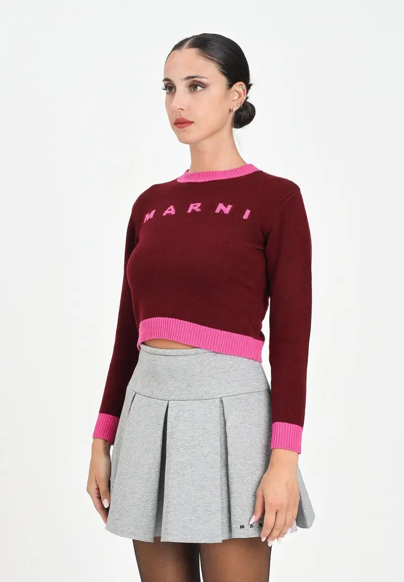 MARNI Maglioncino girocollo bordeaux per donna e bambina con logo