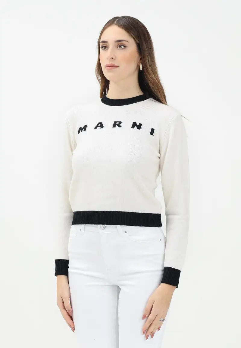 MARNI Maglioncino girocollo panna per donna e bambina con logo