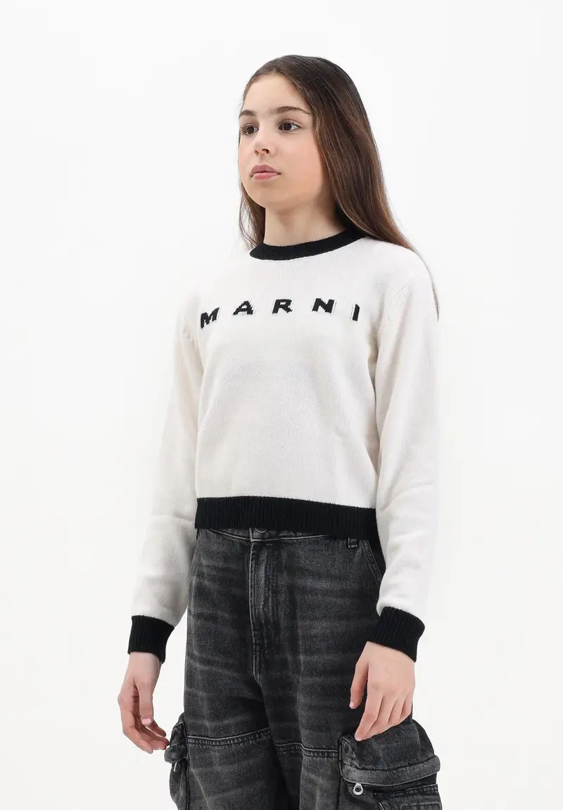 MARNI Maglioncino girocollo panna per donna e bambina con logo miniatura 3