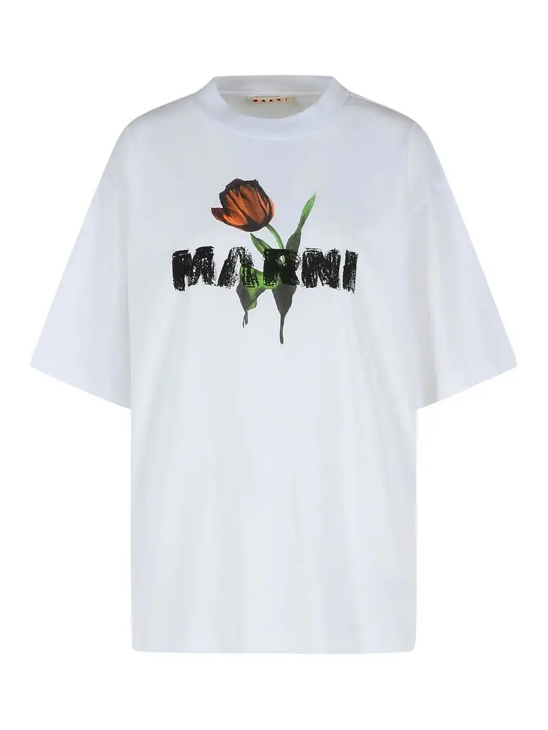 T-shirt di cotone bianco con stampa tulipica