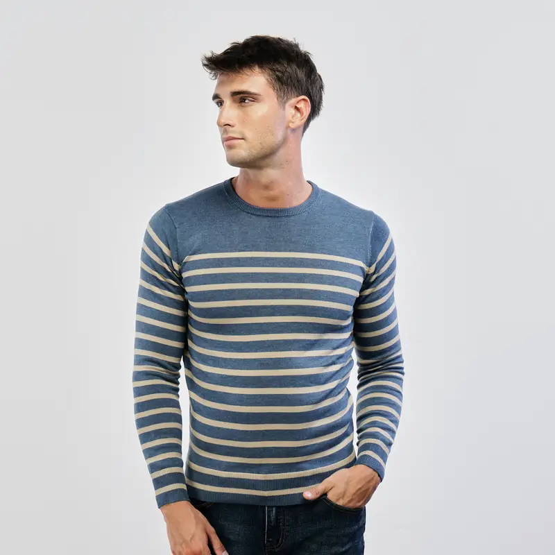 Maglioncino girocollo blu con righe beige