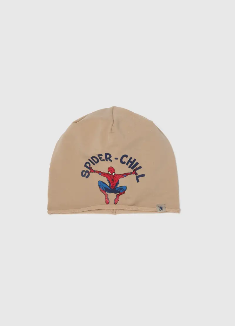 Berretto In Cotone Beige Elasticizzato Da Bambino Con Stampa Spiderman, Beige
