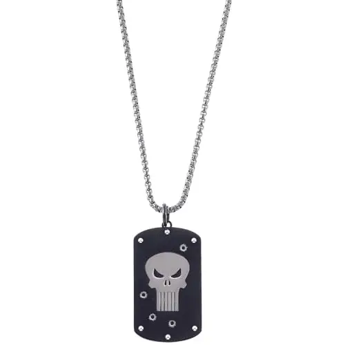 Marvel Collana Punisher in Acciaio Inossidabile con Ciondolo a Dog Tag di Punisher, lunghezza 56 cm, Gioielli