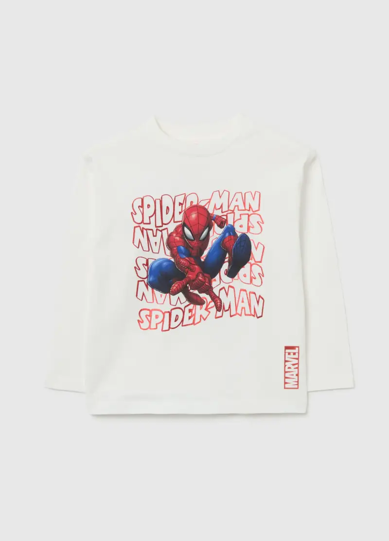 Maglia Bianca A Maniche Lunghe In Cotone Con Stampa Spiderman, Bambino, Bianco
