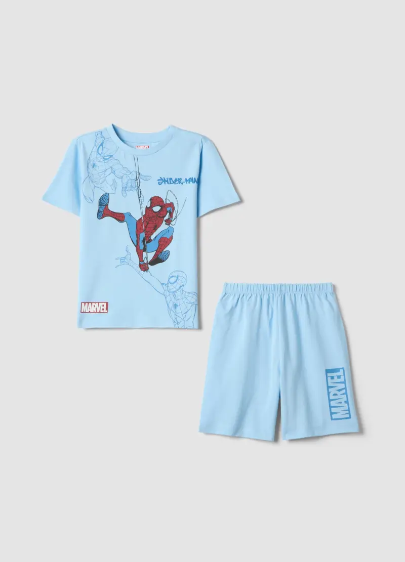 Pigiama Corto In Puro Cotone Azzurro Da Bambino Con Spiderman, Azzurro