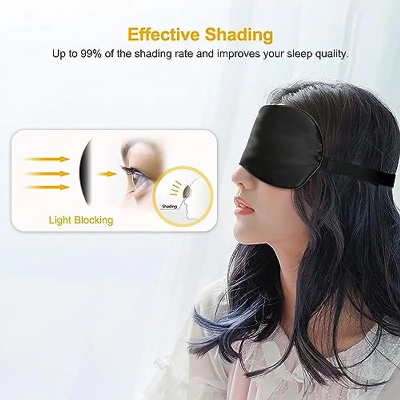 Mascherina per Dormire, Gritin Mascherina per Occhi in 100% Seta Naturale Pura 100% bloccare la Luci per Donna e Uomo con Tappi per Orecchie e Cinghia Comoda Orientabile (Nero) miniatura 2