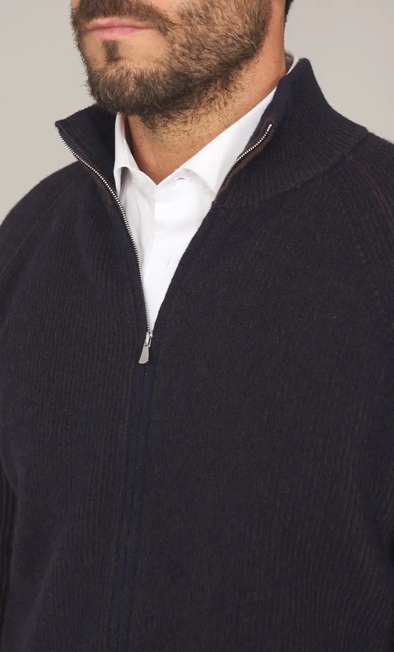 Maglia full zip masq in pura lana a coste, colore blu miniatura 2