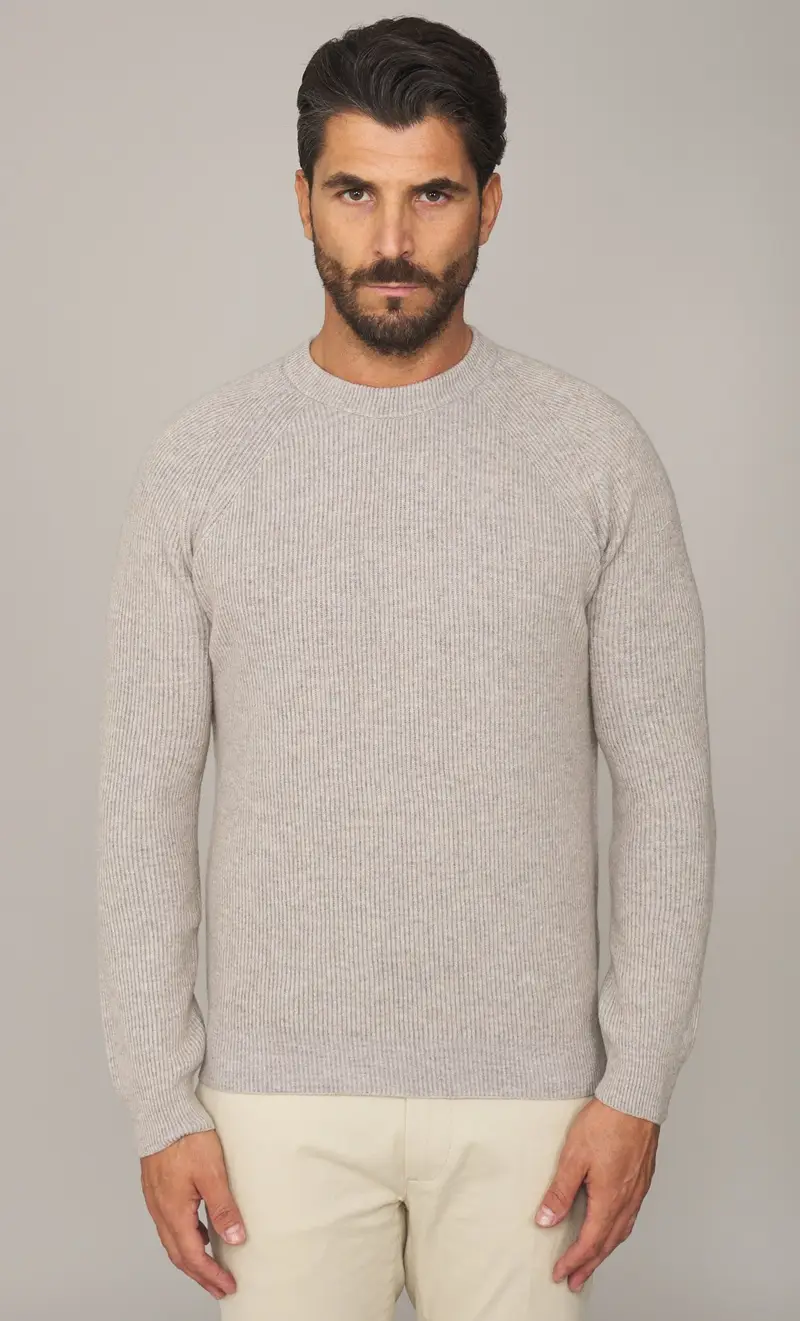 Maglia girocollo masq in pura lana a coste, colore fango