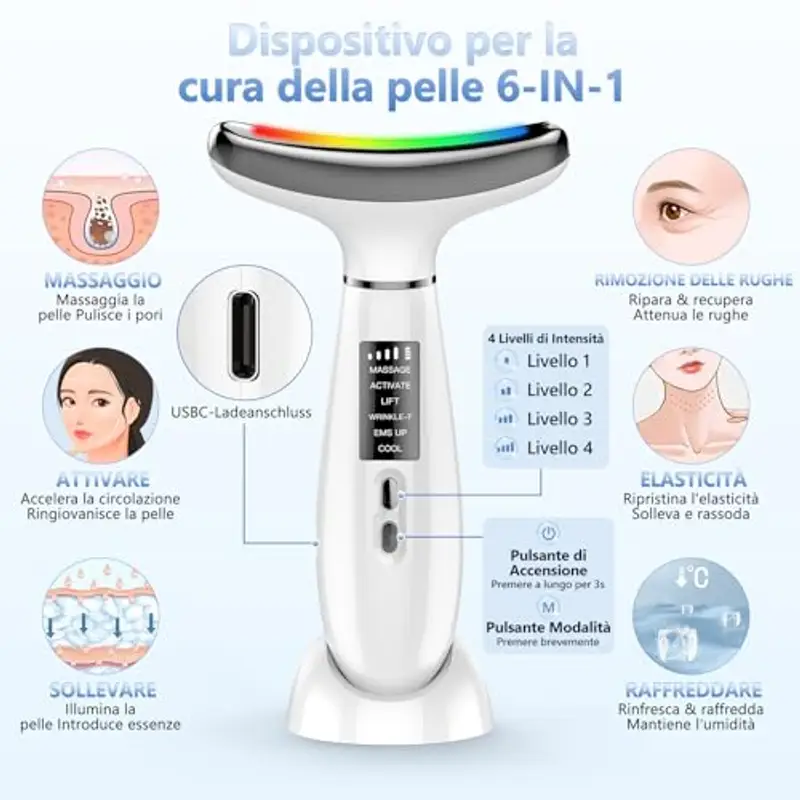 Massaggiatore Viso Elettrico, Massaggiatore Viso Lifting a 6 Modalità a 45 °C per L'anti-età, il Lifting e il Rassodamento Della Pelle Cadente (Modalità LED a 4 Colori - Bianco) miniatura 2