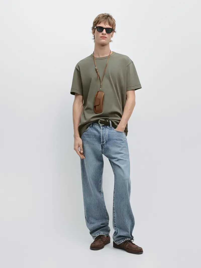 100% Cotton Short-Sleeved T-Shirt - Kaki - - Massimo Dutti - Maschile