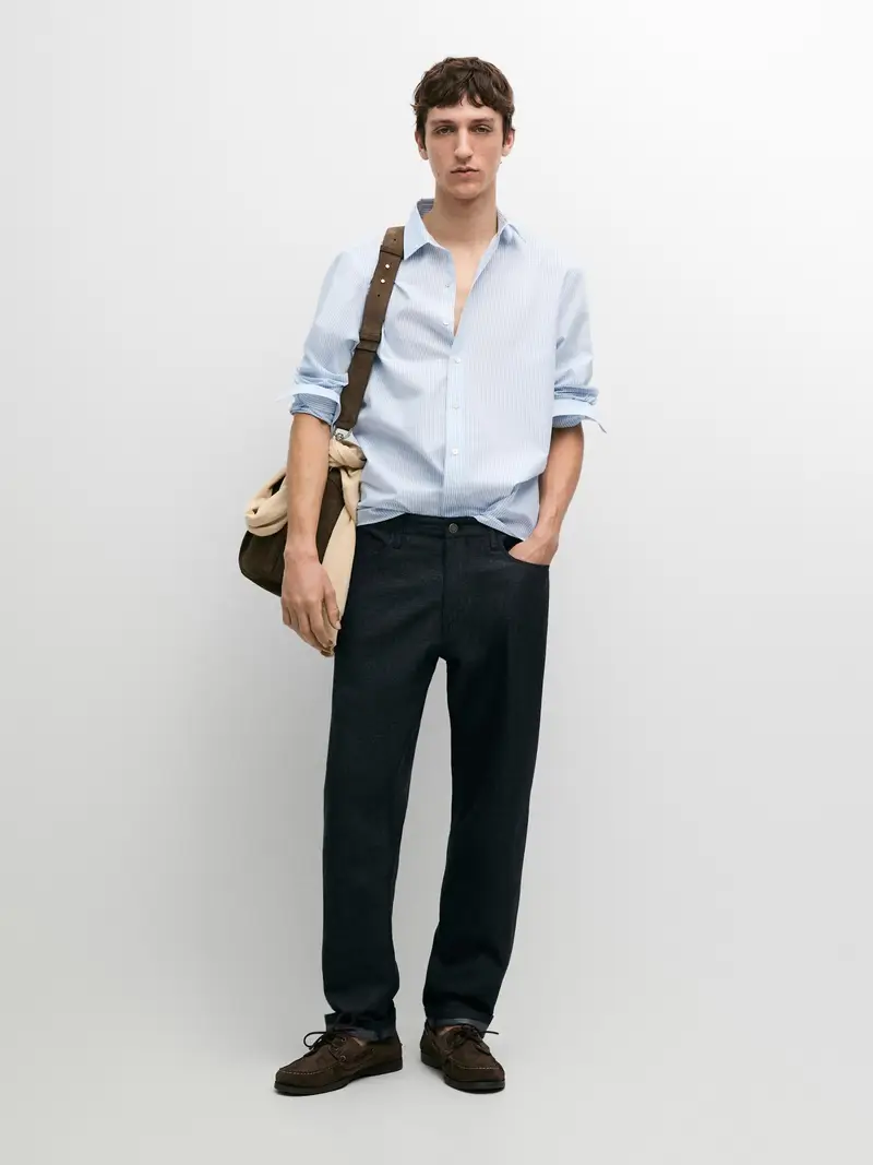 100% Cotton Striped Shirt - Celeste - - Massimo Dutti - Maschile