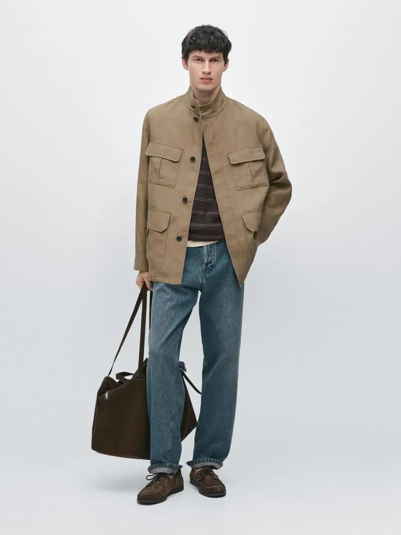 100% Linen Safari Jacket - Marrone Tostato - - Massimo Dutti - Maschile