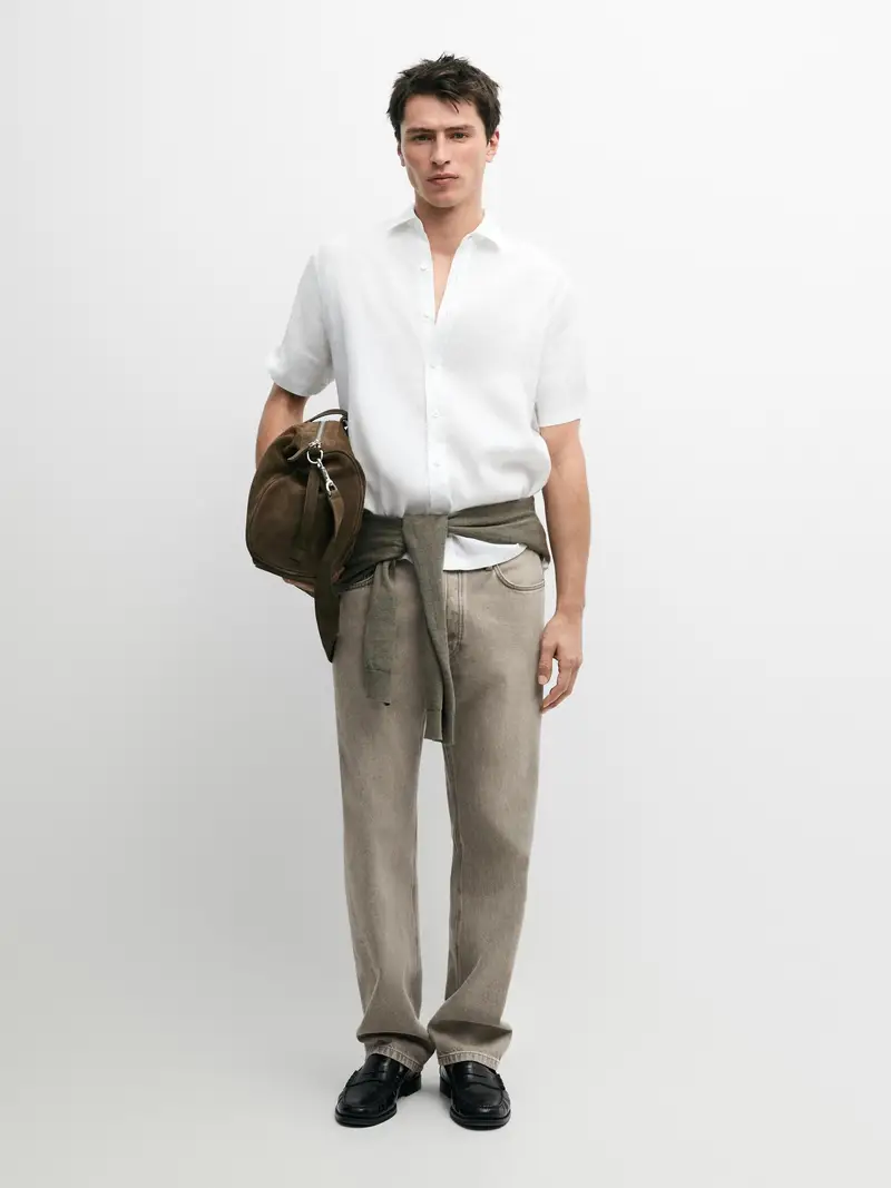 100% Linen Short-Sleeved Shirt - Bianco - - Massimo Dutti - Maschile