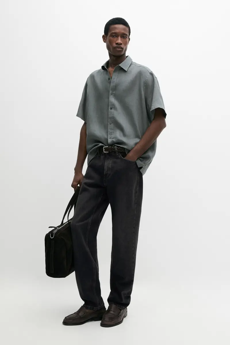 100% Linen Short-Sleeved Shirt - Grigio - - Massimo Dutti - Maschile