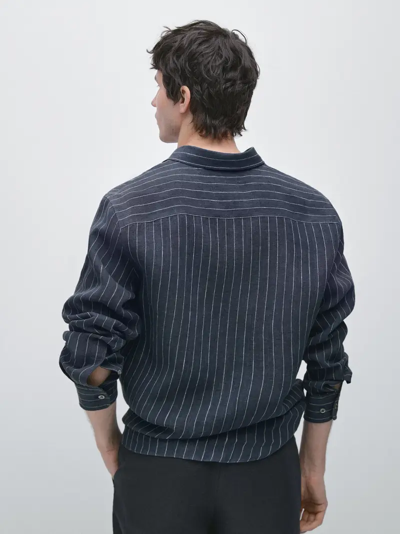 100% Linen Striped Shirt - Azzurro Lavato - - Massimo Dutti - Maschile