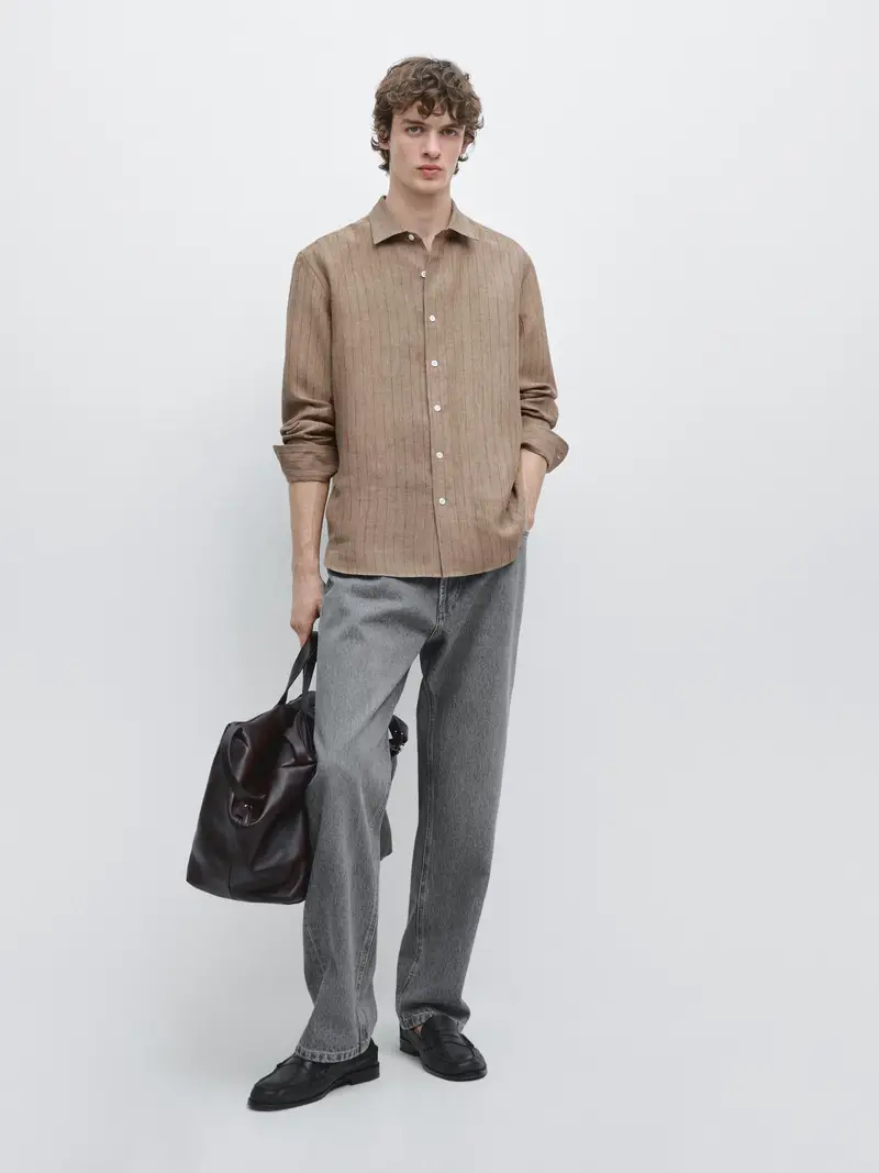 100% Linen Striped Shirt - Beige - - Massimo Dutti - Maschile
