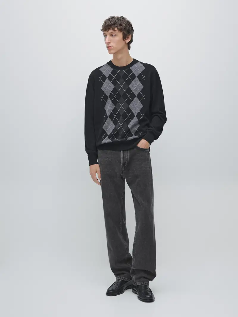 100% Wool Diamond Knit Jumper - Nero - - Massimo Dutti - Male