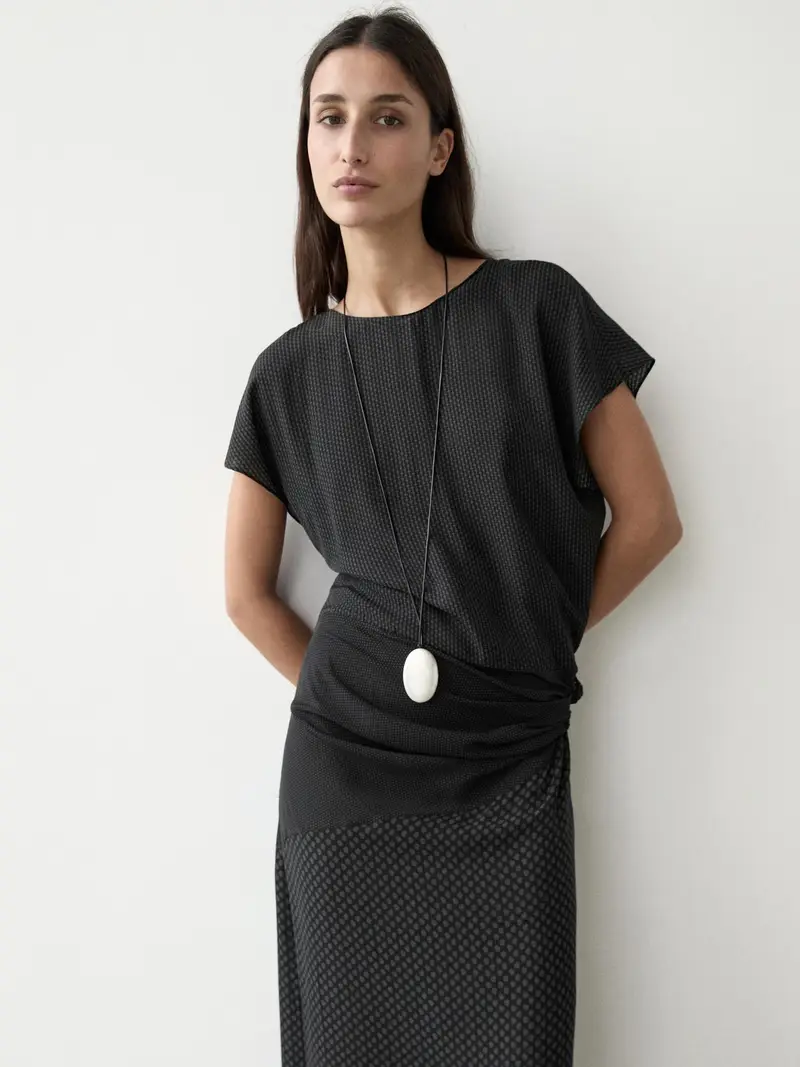 Abito Lungo Fluido Stampato Con Nodo - Nero - (It 40) - Massimo Dutti - Femminile