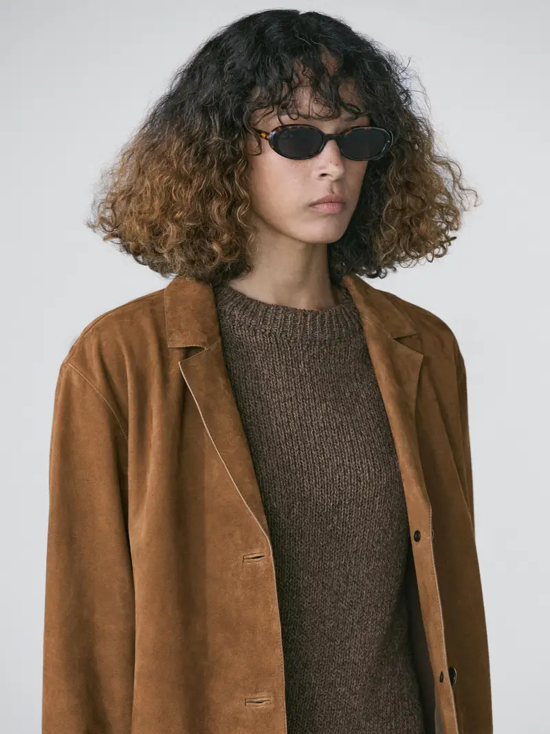 Blazer Con Risvolto In Pelle Scamosciata - Marrone - - Massimo Dutti - Femminile