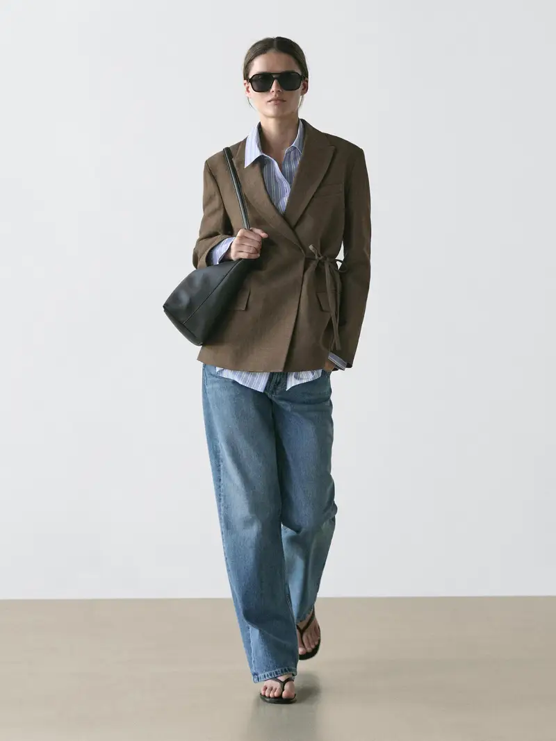 Blazer Doppiopetto Con Fiocco In Misto Cotone - Verde - (It 40) - Massimo Dutti - Femminile