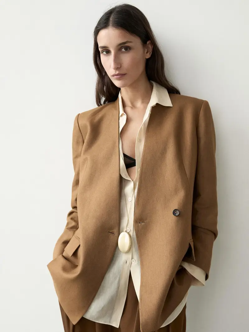 Blazer Doppiopetto In Lino Senza Risvolto - Cammello - (It 46) - Massimo Dutti - Femminile