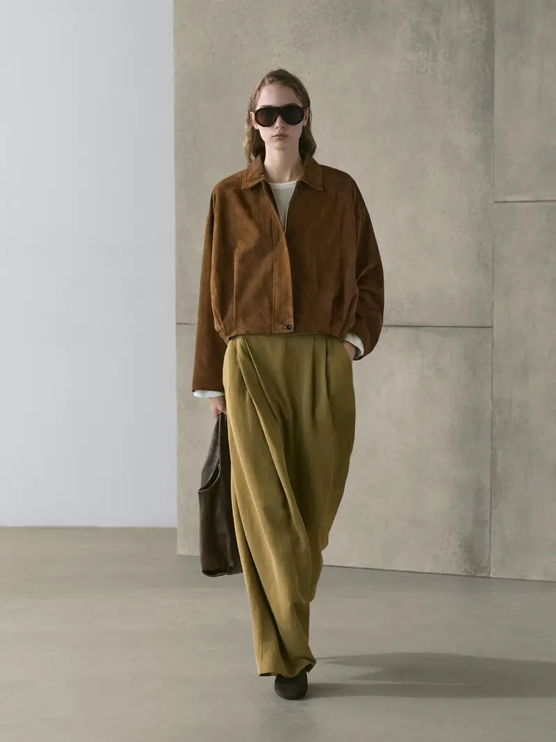 Bomber Corto In Pelle Scamosciata - Marrone - - Massimo Dutti - Femminile