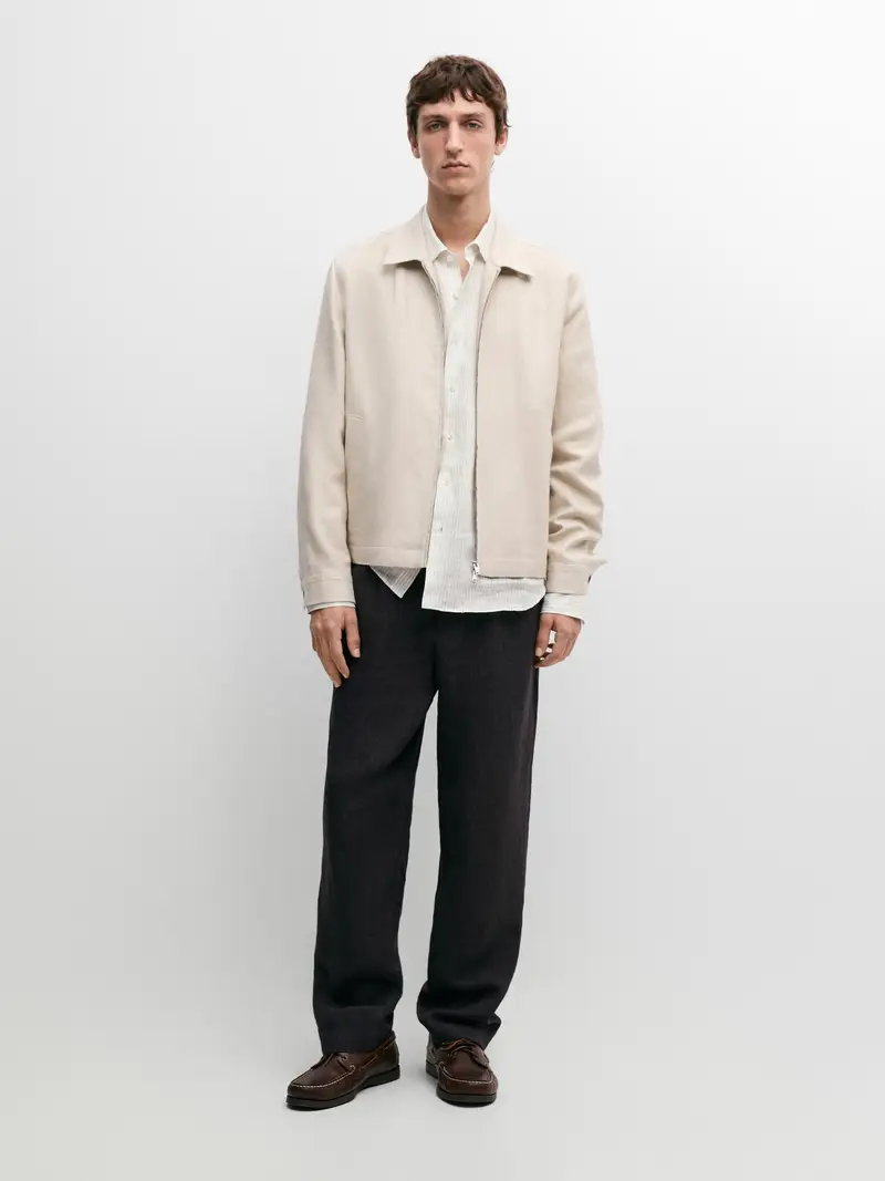 Bomber Total Look 100% Lino - Beige - - Massimo Dutti - Maschile