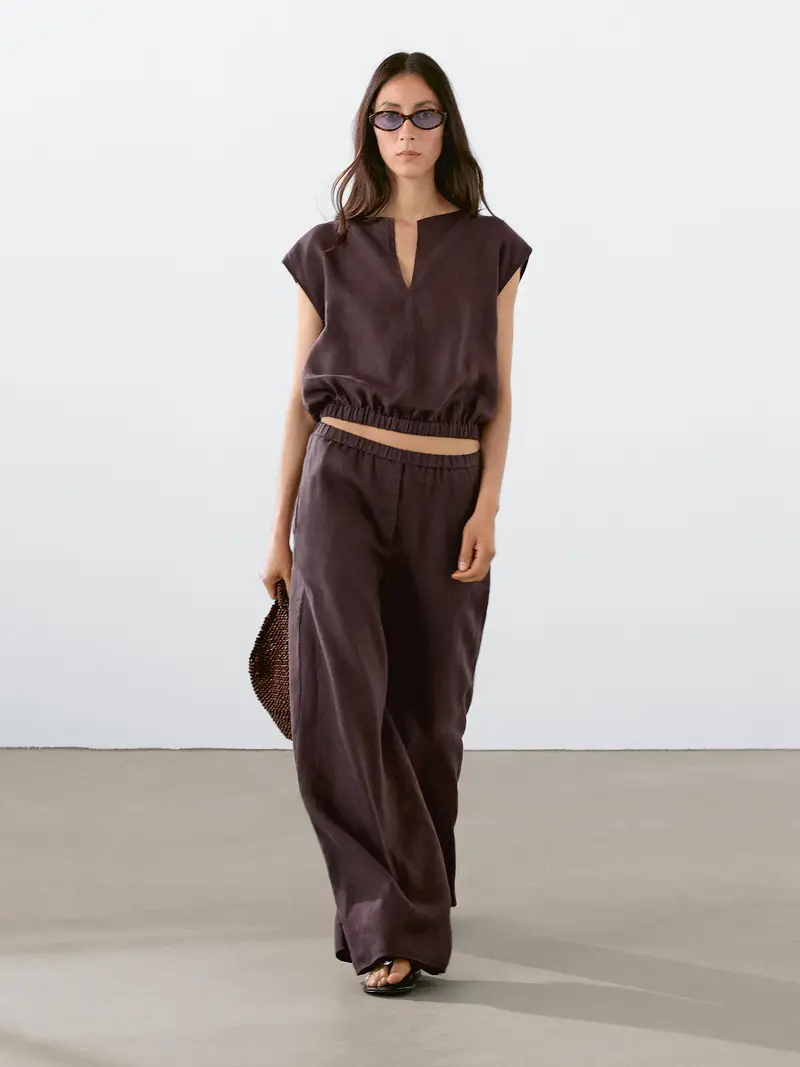 Camicetta Con Orlo Elasticizzato In Lino - Melenzana - - Massimo Dutti - Femminile