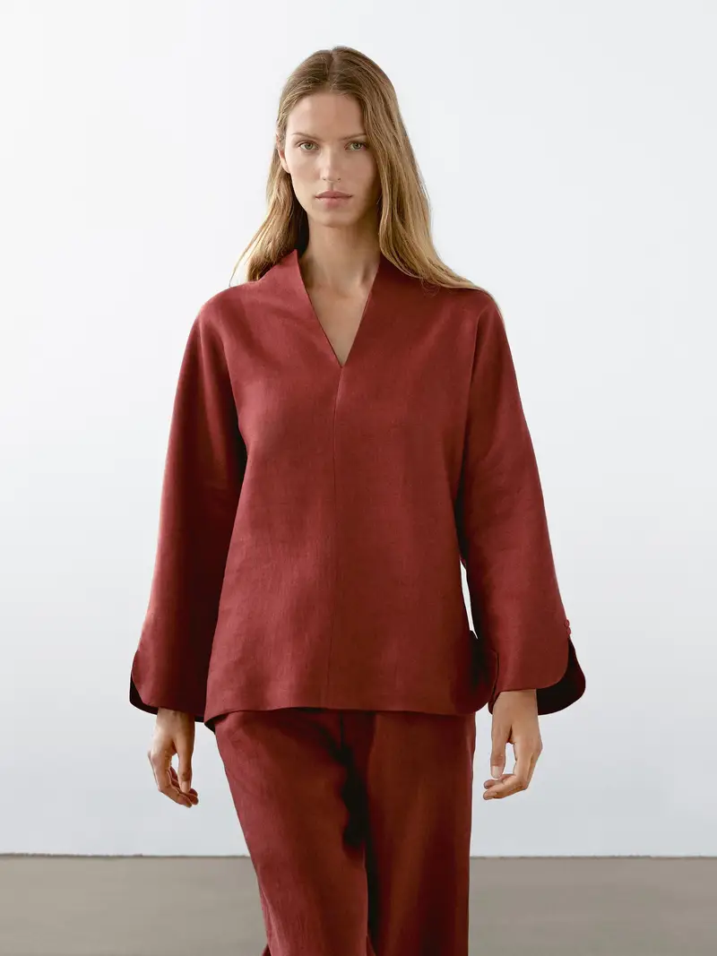 Camicetta Con Scollo A V 100% Lino - Rosso Oscuro - - Massimo Dutti - Femminile