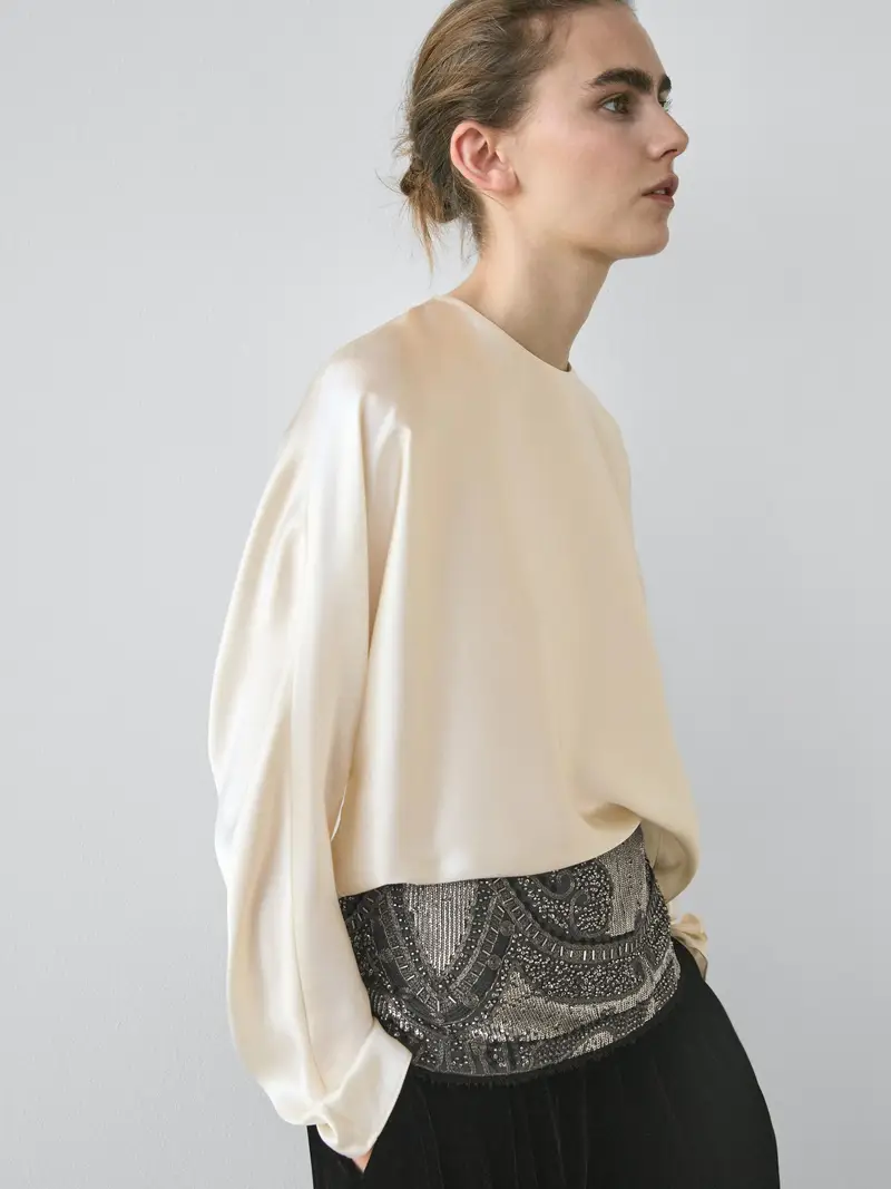 Camicetta Corta Con Maniche A Pipistrello 100% Seta - Studio - Ecru - - Massimo Dutti - Femminile