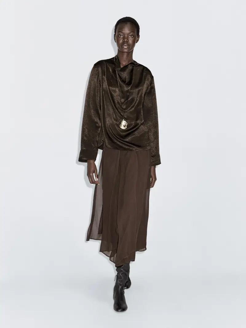 Camicetta Morbida Con Collo Drappeggiato - Marrone - - Massimo Dutti - Femminile