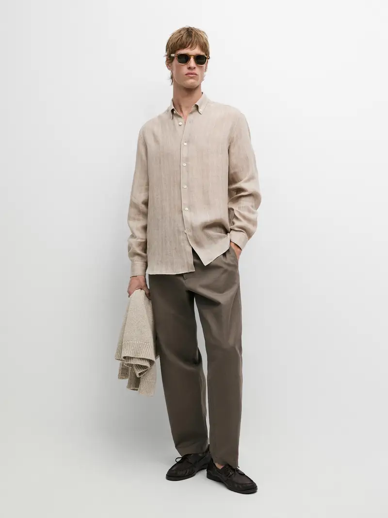 Camicia 100% Lino - Cammello - - Massimo Dutti - Maschile