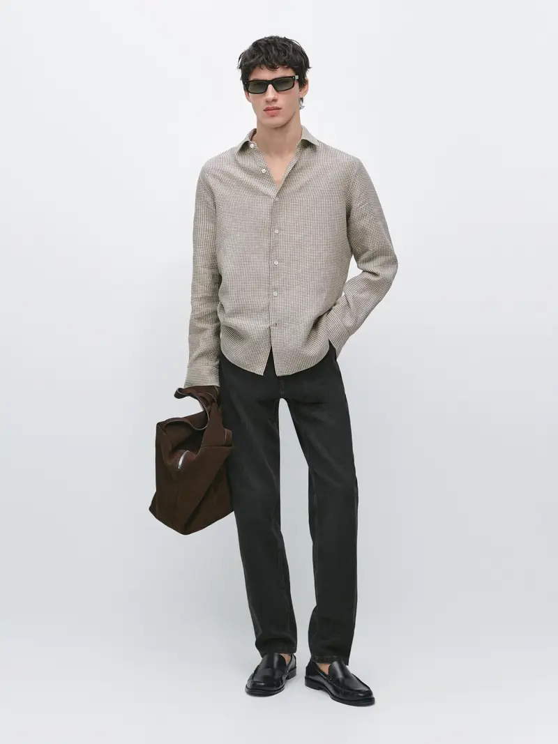 Camicia A Quadri 100% Lino - Marrone - - Massimo Dutti - Maschile