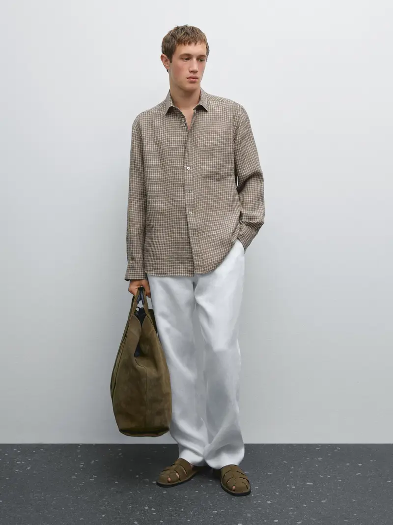 Camicia A Quadri Regular Fit In Lino - Marrone Vigoré - - Massimo Dutti - Maschile MARRONE VIGORÉ