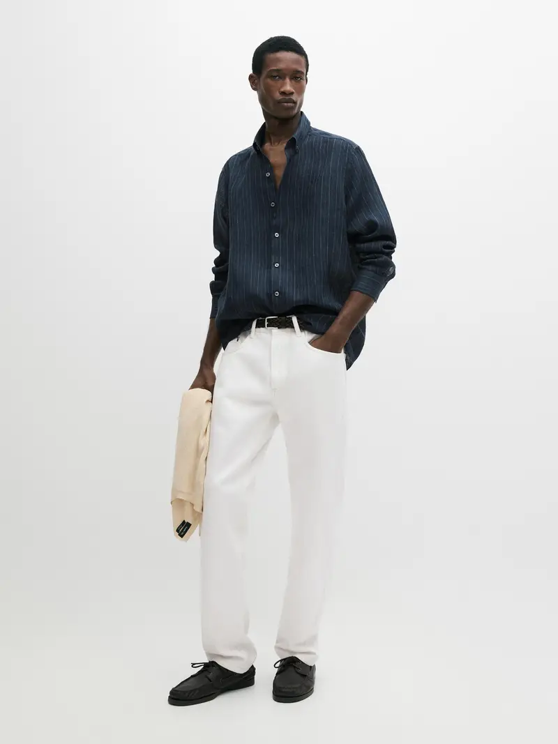 Camicia A Righe Con Bottoni 100% Lino - Blu Marino - - Massimo Dutti - Maschile