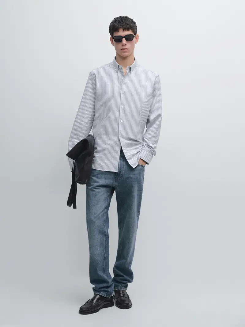 Massimo Dutti Camicia A Righe Doppie Regular Fit Blu Marino Maschile