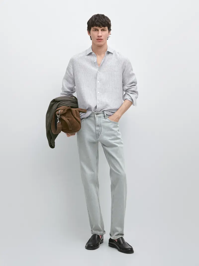 Camicia A Righe In Lino - Azzurro - - Massimo Dutti - Maschile