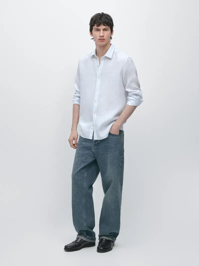 Camicia A Righe In Lino - Blu Celeste - - Massimo Dutti - Maschile