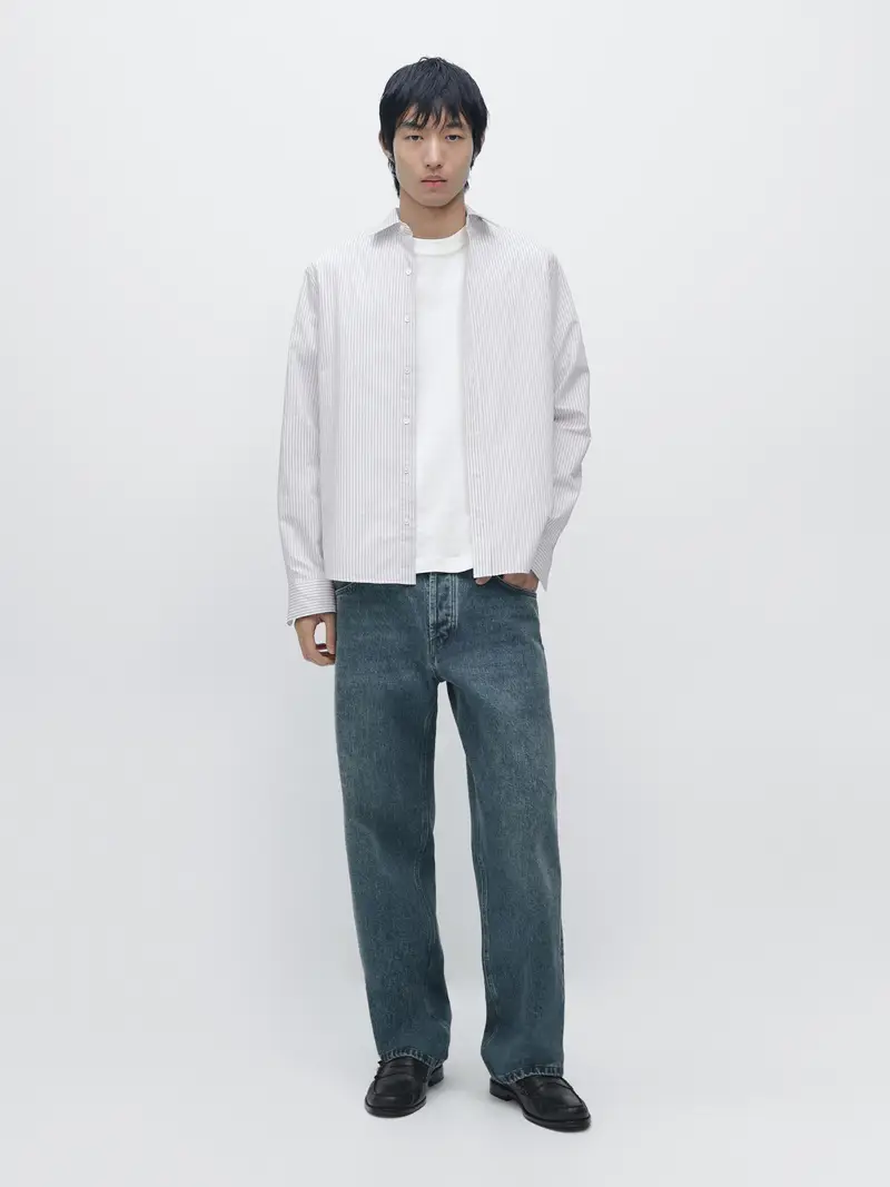 Camicia A Righe In Misto Cotone - Azzurro - - Massimo Dutti - Maschile