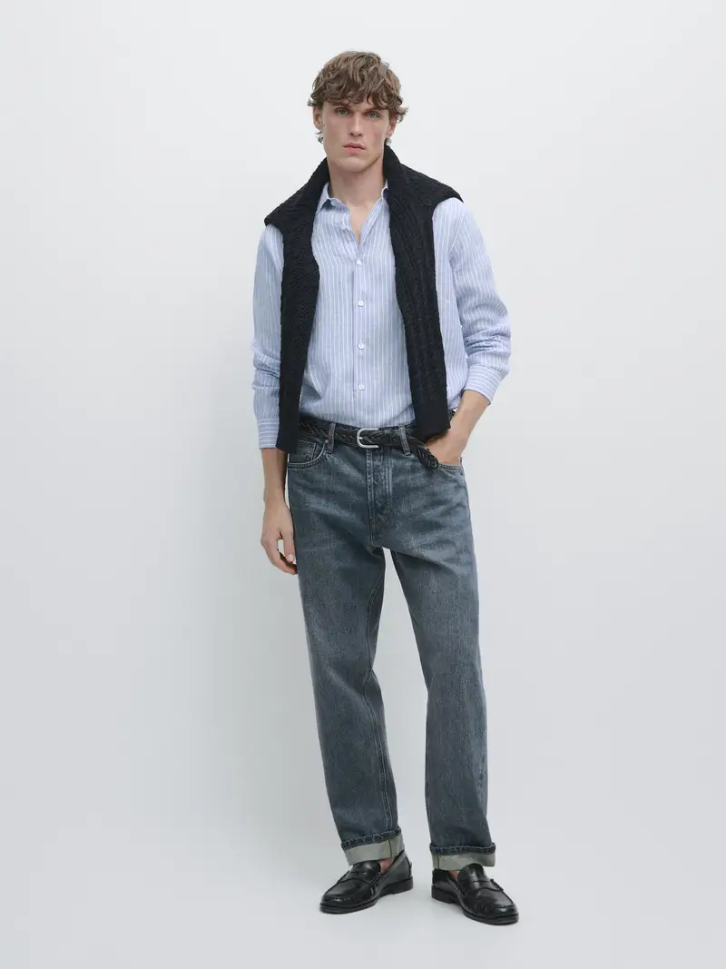 Camicia A Righe Lino - Azzurro Chiaro - - Massimo Dutti - Maschile