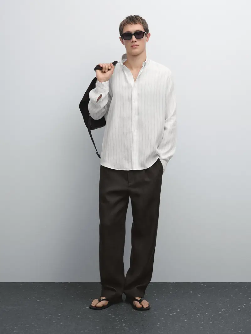 Camicia A Righe Regular Fit In Lino - Ecru - - Massimo Dutti - Maschile