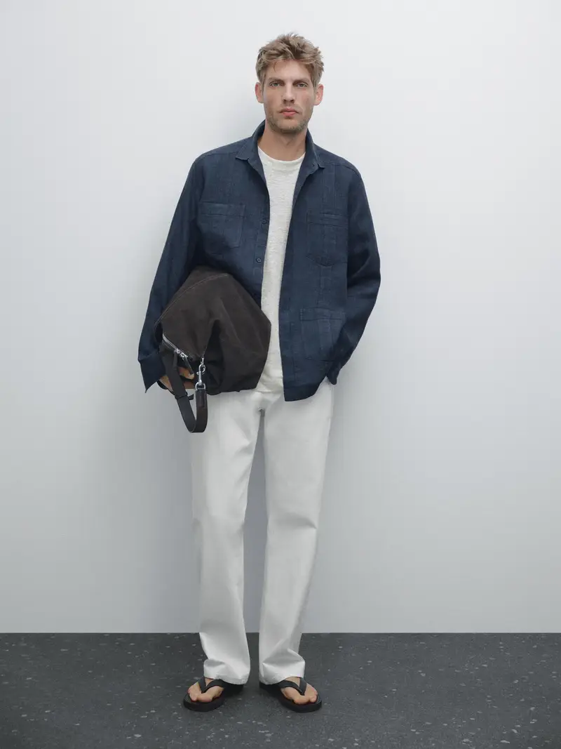 Camicia Balze 100% Lino - Azzurro - - Massimo Dutti - Maschile