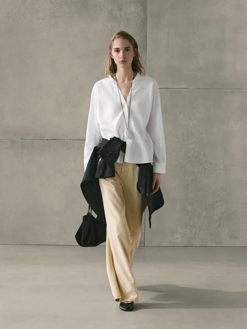 Camicia Con Colletto Con Fascetta 100% Lino - Bianco - - Massimo Dutti - Femminile