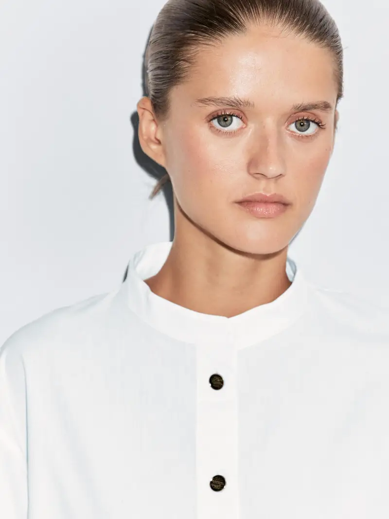 Camicia Con Collo Alla Coreana E Bottoni Dorati - Bianco Roto - - Massimo Dutti - Femminile